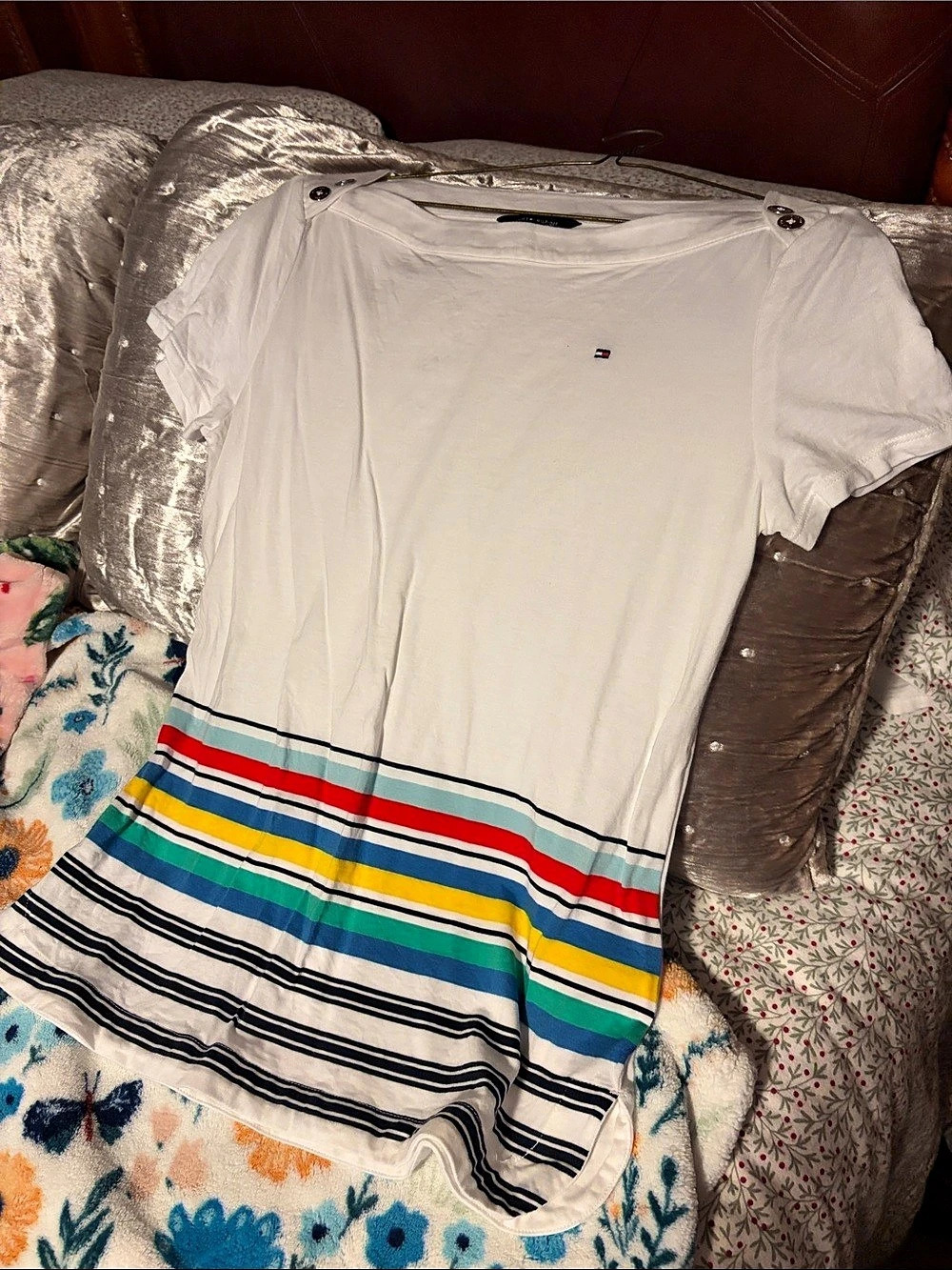 Tommy Hilfiger Striped Short Sleeve Top in White Small